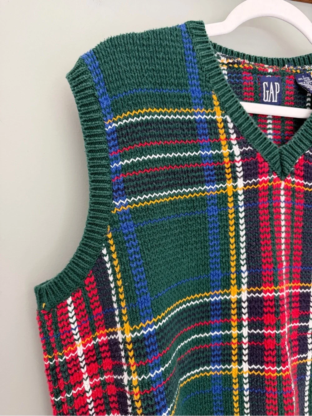 VTG 90s GAP Green Blue Red Holiday Tartan Plaid Knit Sweater Vest 100% Cotton